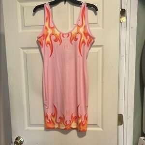 PrettyLittleThing Pink Flame Print Bodycon Dress Size 10
